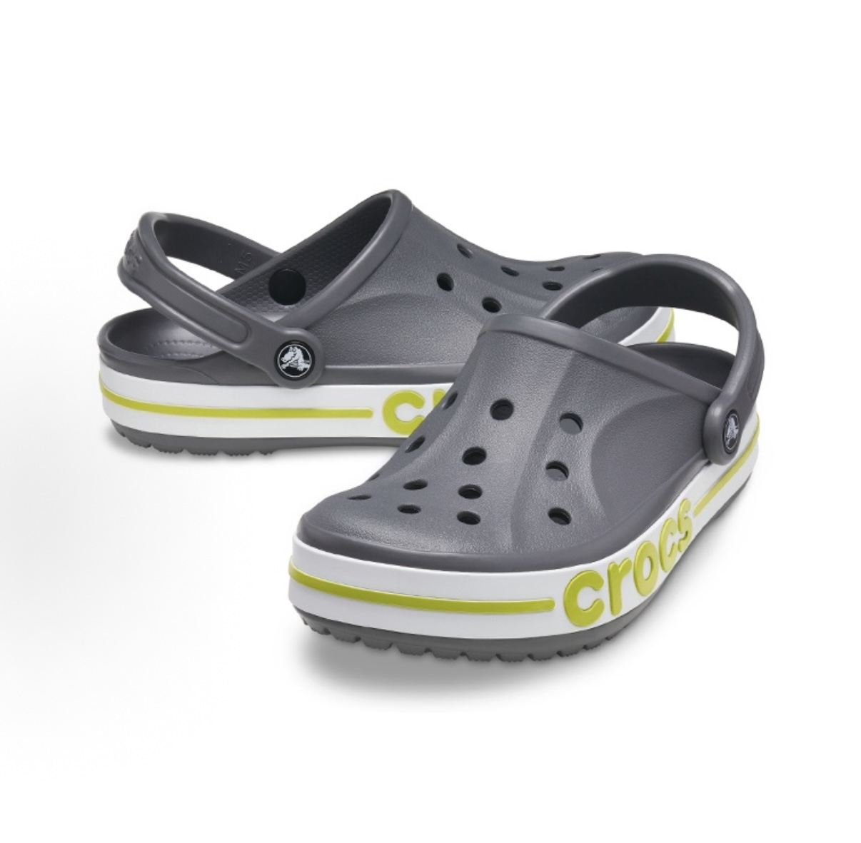Gray clog with lime side lettering