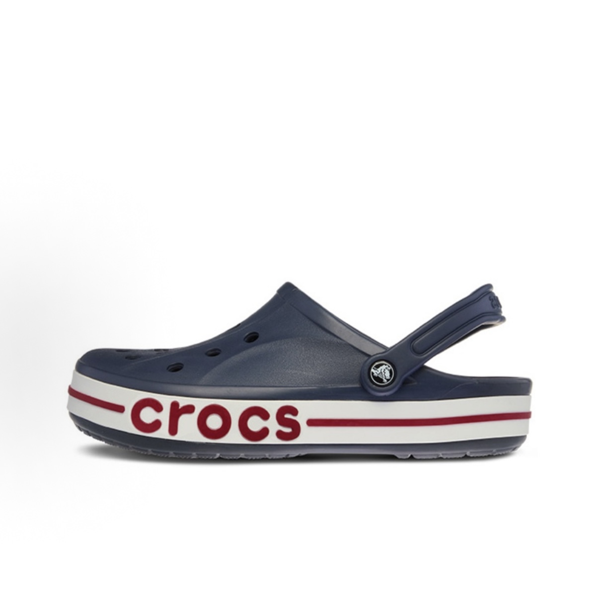 Navy clog shoes with letter stripe side